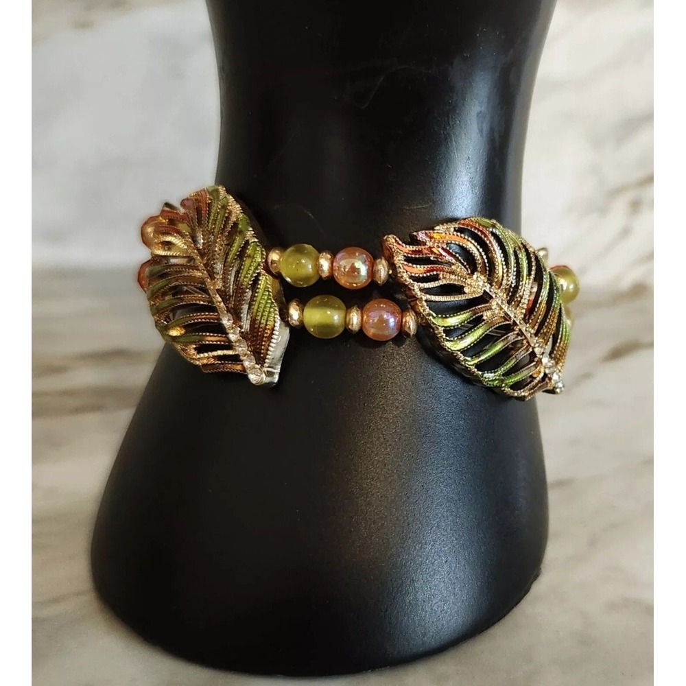 KC Stamped Gold Tone Enameled Leaf‎ Beaded Rhinestones Small Stretch Bracelet
